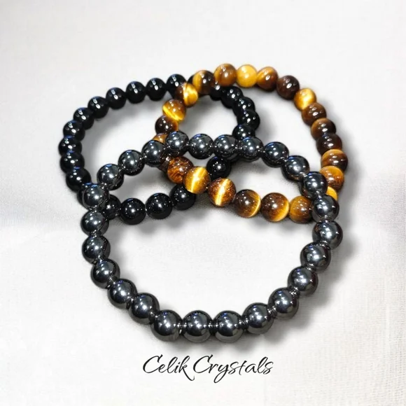 3 Piece Protection Bracelet Set Tiger Eye Hematite Black Tourmaline 8mm Unisex - Picture 5 of 6
